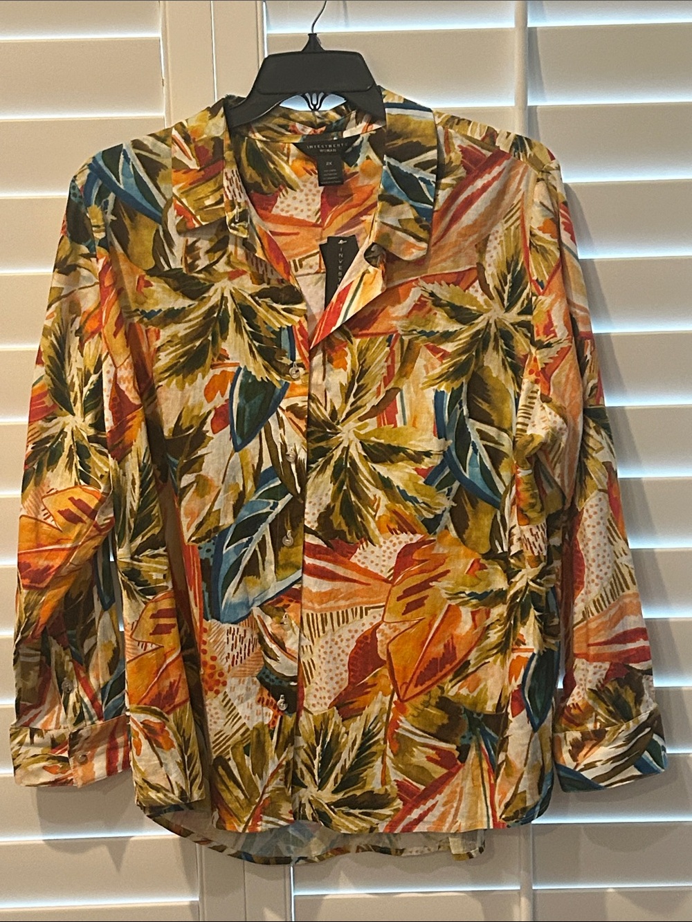 Investments Tropical Leaf Print Button-Down Shirt - Green, Orange, Blue, Cream
